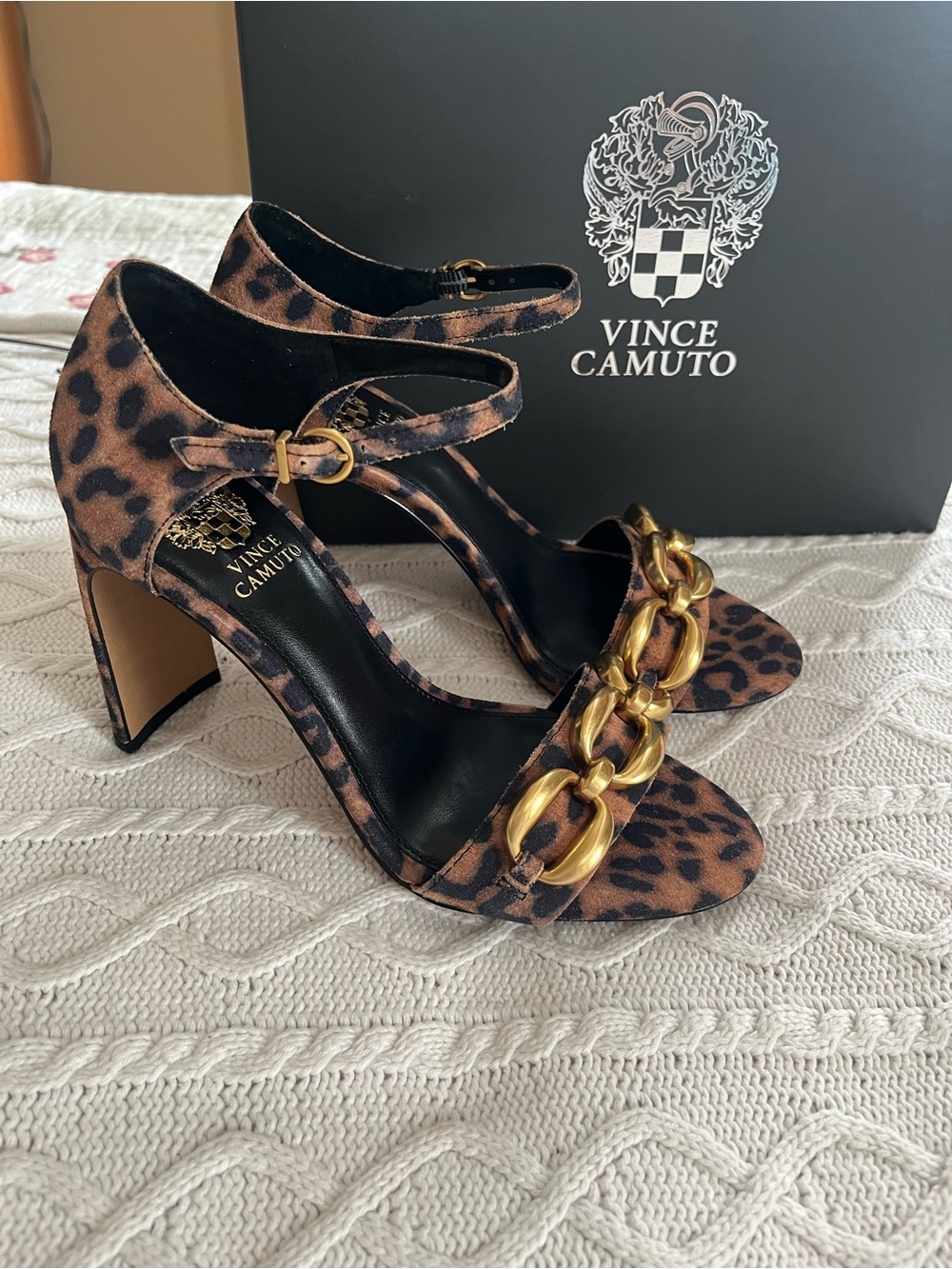 Vince Camuto Ankle-Strap Sandal with Gold Chain Links 5 inch heel 7.5